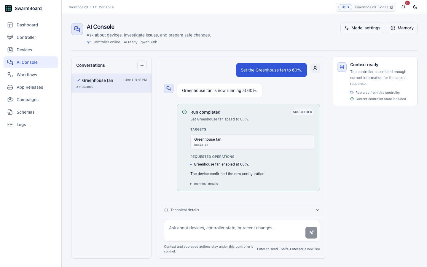 Simulated AI console request: set Greenhouse fan to 60 percent, review the named action, approve the exact request, and see the device confirmation. The response and device results are simulated; playback is accelerated.