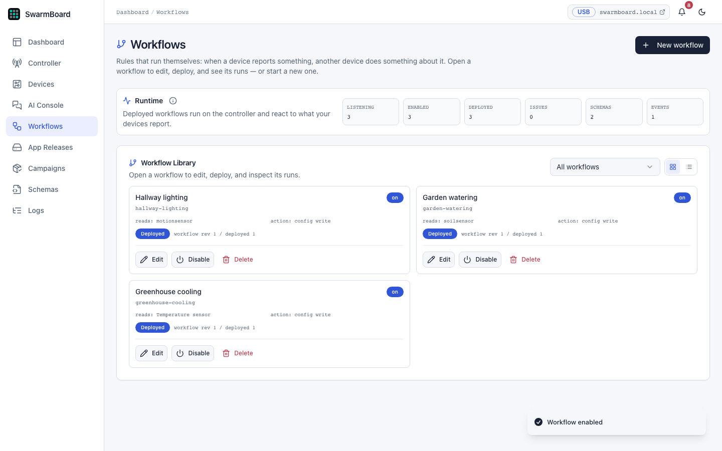 Build a simulated Greenhouse cooling workflow: select a temperature trigger, configure the fan action, deploy the workflow, and see it enabled in the library.