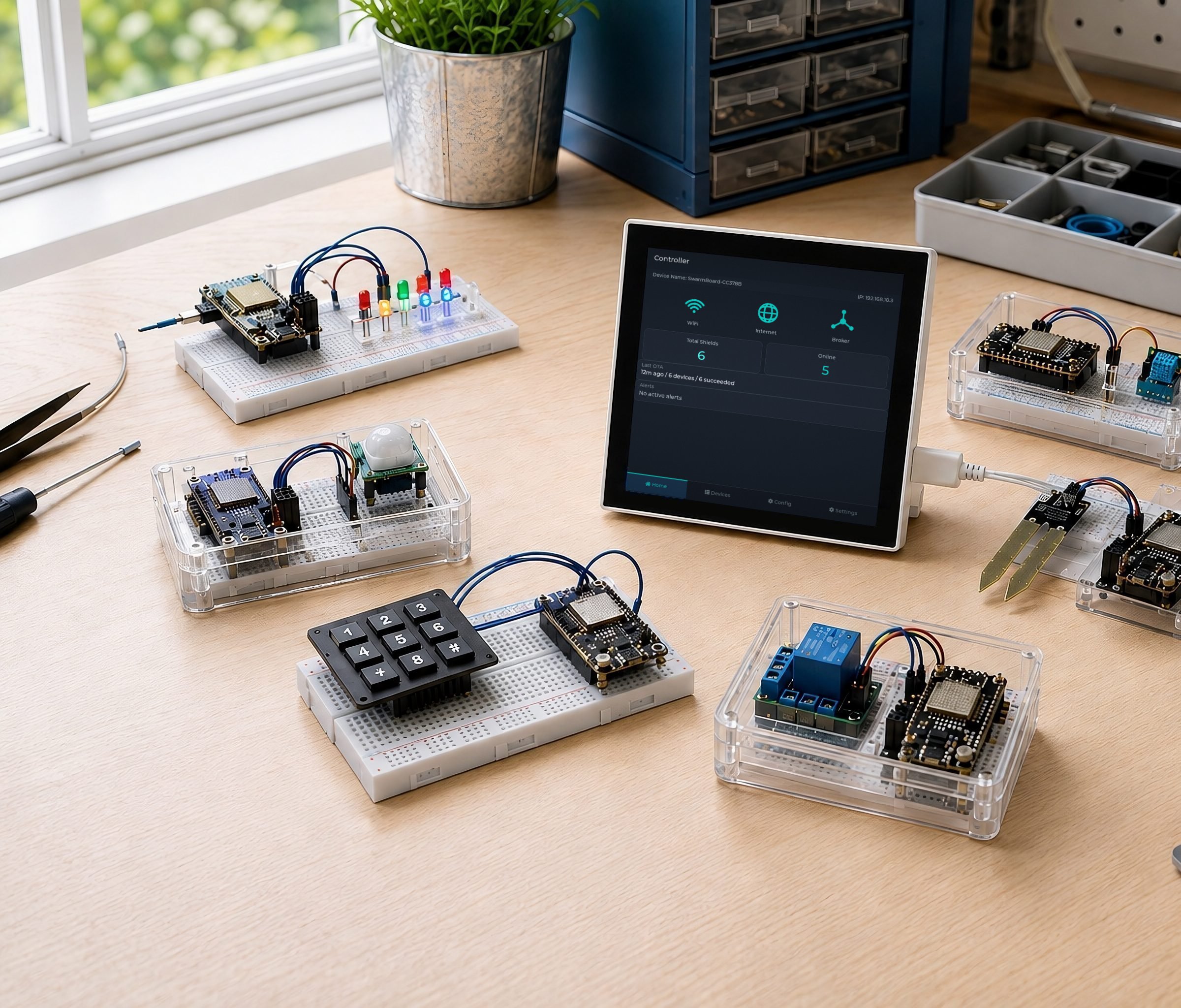 A workbench with the SwarmBoard controller in the middle and eight breadboarded ESP32 projects around it: LEDs, a keypad, a relay, a soil-moisture probe, a motion sensor, a temperature sensor, and more.